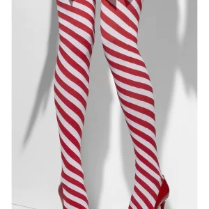Red/White Candy Striped Thigh High Stockings with Bows