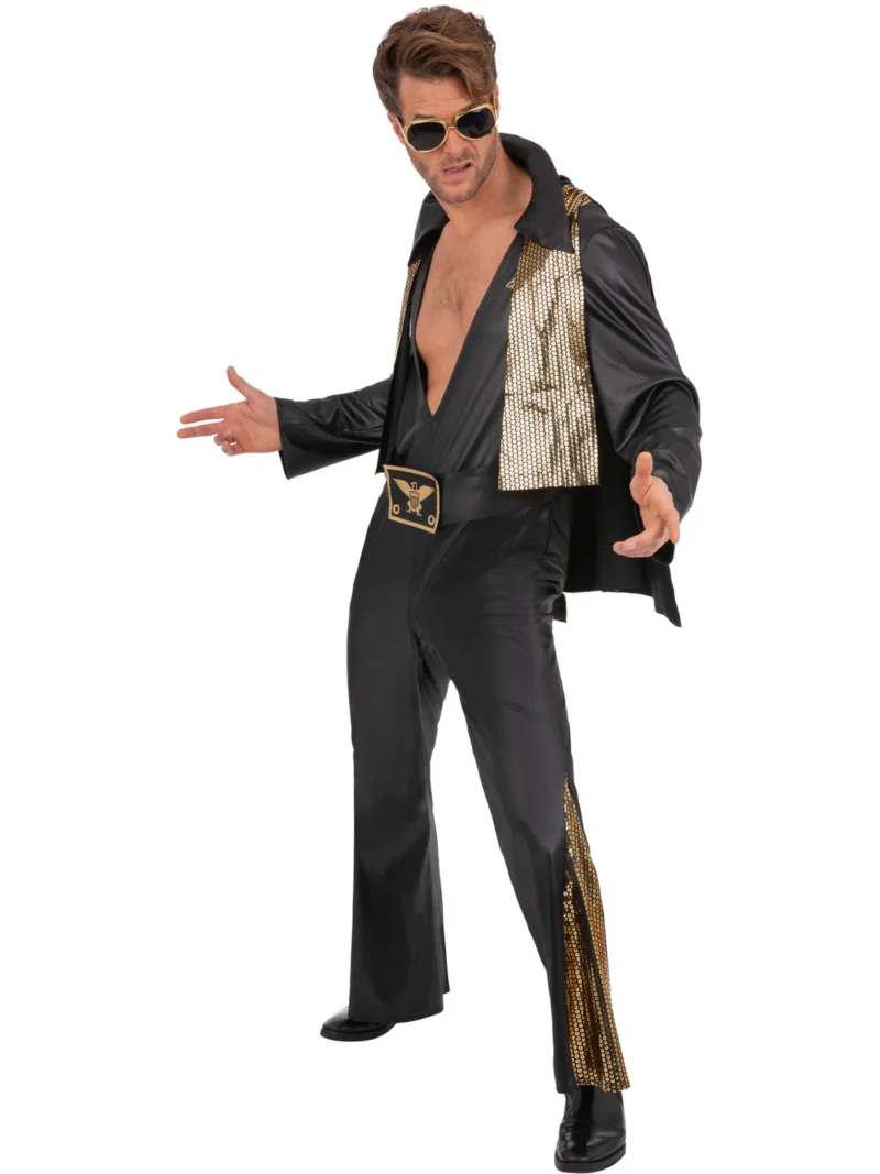 Elvis Black Jumpsuit Mens Fancy Dress Costume - Image 2